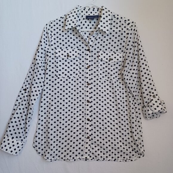 Jones New York Blouse White Black Apple Print Roll Tab Sleeves Womens Medium - Picture 6 of 7